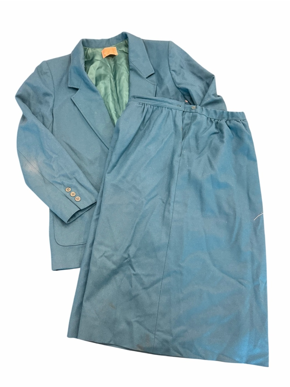 Pendleton Women Skirt Suit Set 12 Blue Green 2 Pc Virgin Wool Blazer Distressed